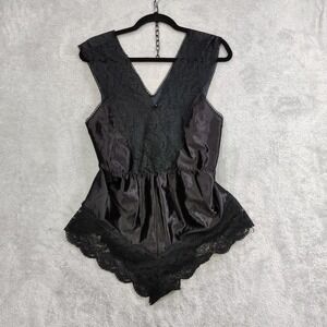 Vtg Spotlight Teddy‎ Lingerie One Piece Bodysuit Romper Lace Black Size M/L